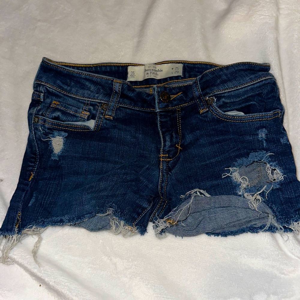 Abercrombie and fitch dark blue ripped low waisted shorts